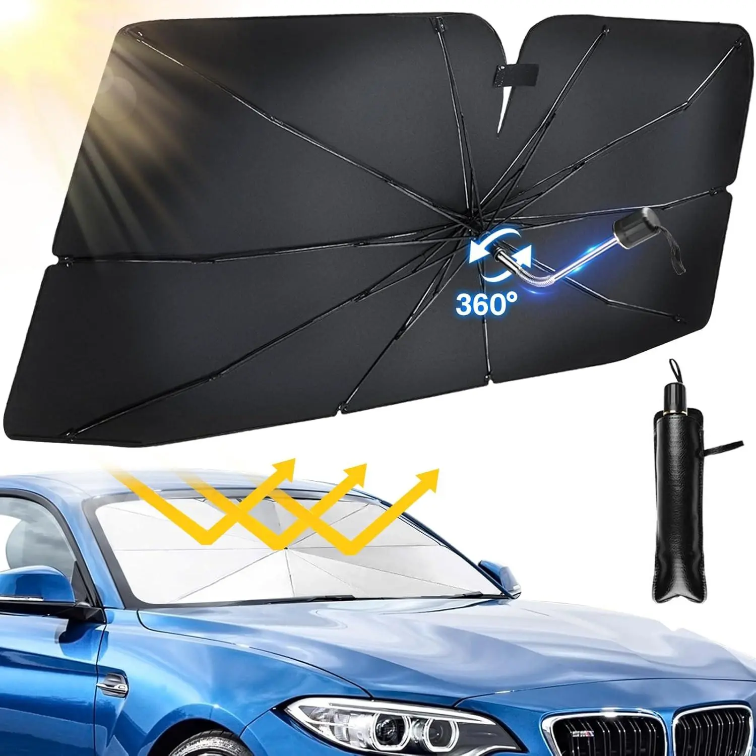 Car Windshield Sun Shade Umbrella with 360° Bendable Handle, UV Block | Foldable Car Sun Shade Windshield with Heat Insulation, Large Windshield Sun Shade (56.5"X34") for SUV, Truck, Sedan Multper
