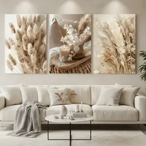 3pcs Wooden Frame Floral Flower Landscape Wall Art Canvas Print Artwork Modern Floral Paintings Bohemian Poster Nordic Modern Home Decor, Mdf Material, Made in China
