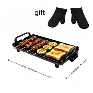 Smoke-free electric grill pan, suitable for family gatherings; nonstick grill pan; indoor grill rack combo (2-in-1); nonstick coating; can simultaneously cook steak/oysters/kebabs; multi-person barbecue grill; adjustable temperature; includes an oil colle
