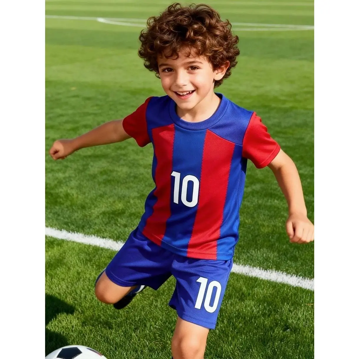 Boys' football sports suit, Football kits, Soccer Jersey, Sports clothing, featuring a red and blue contrasting stripe design with a 'No. 10' logo, suitable for football training and daily sports, breathable and with visual recognition QG5