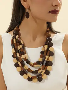 2-Piece Boho Style Wooden Bead Necklace Earrings Set, Lightweight and Flowing, Perfect for Parties and Evening Events, Women's Jewelry