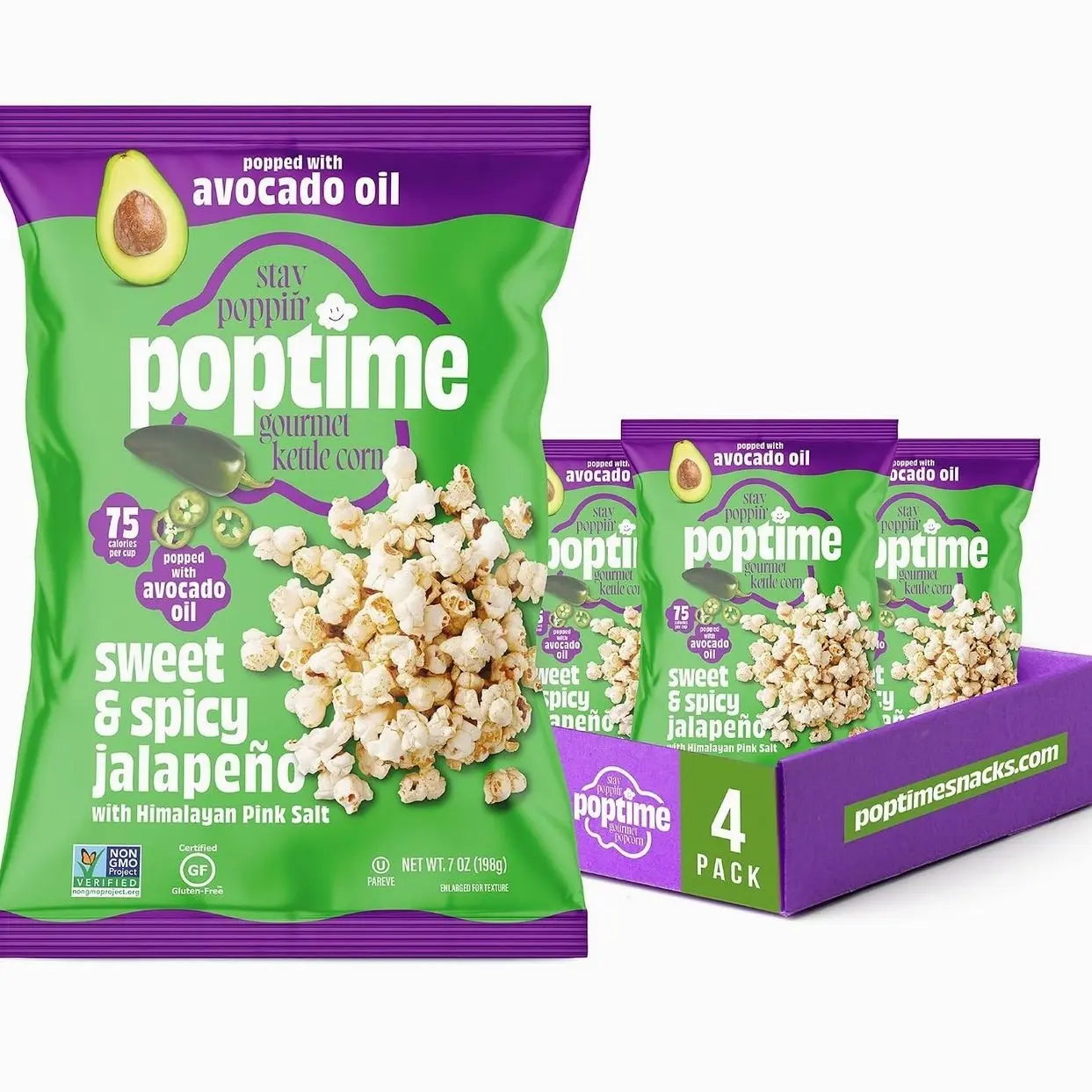Poptime Popcorn Snack Bags – Sweet & Spicy Jalapeno & Himalayan Pink Salt Kettle Corn Popcorn Bags, Healthy Snack With Avocado Oil, Gluten Free, Vegan, Low Calorie, Non-GMO, Kosher - 7 oz - Pack 4