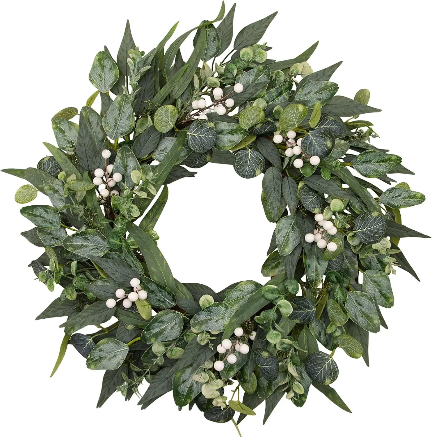 24 Inch Artificial Eucalyptus Wreath for Front Door, All Season Greenery Wreath with Boxwood & White Berries, Farmhouse Decor for Wall, Window, Porch, Spring to Winter