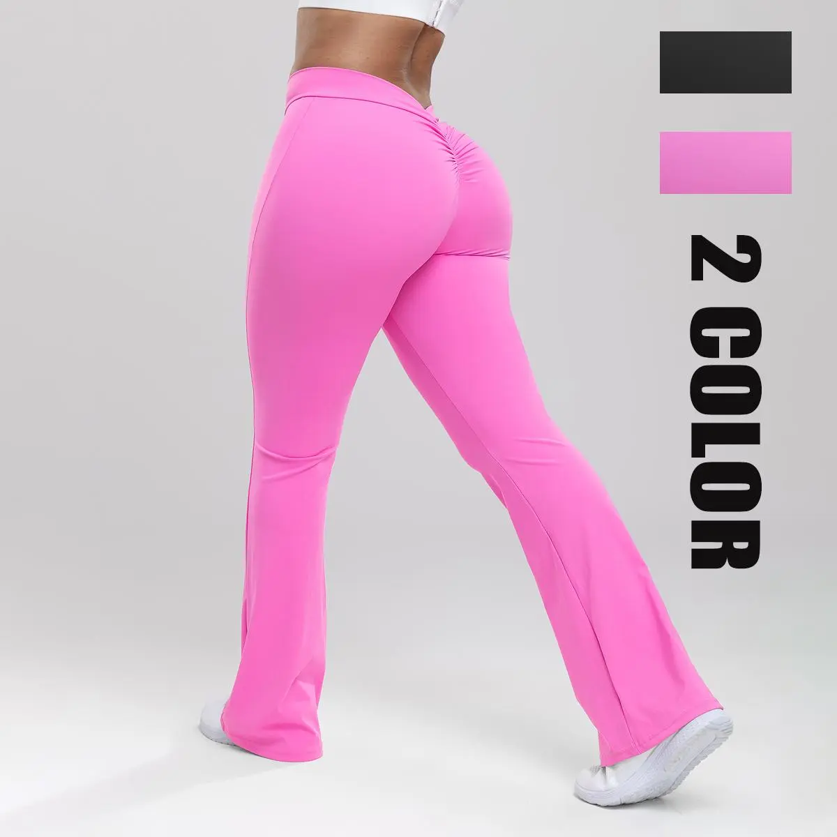 Women's High-Waisted Leggings - Female Stylish Clothes, Sporty Chic Yoga Wear, Criss Cross V-Back, Scrunch Butt, Tummy Control, Quick Dry, Breathable, Elastic Waistband, Flared Nylon Sports Bottoms (2 Color Options)
