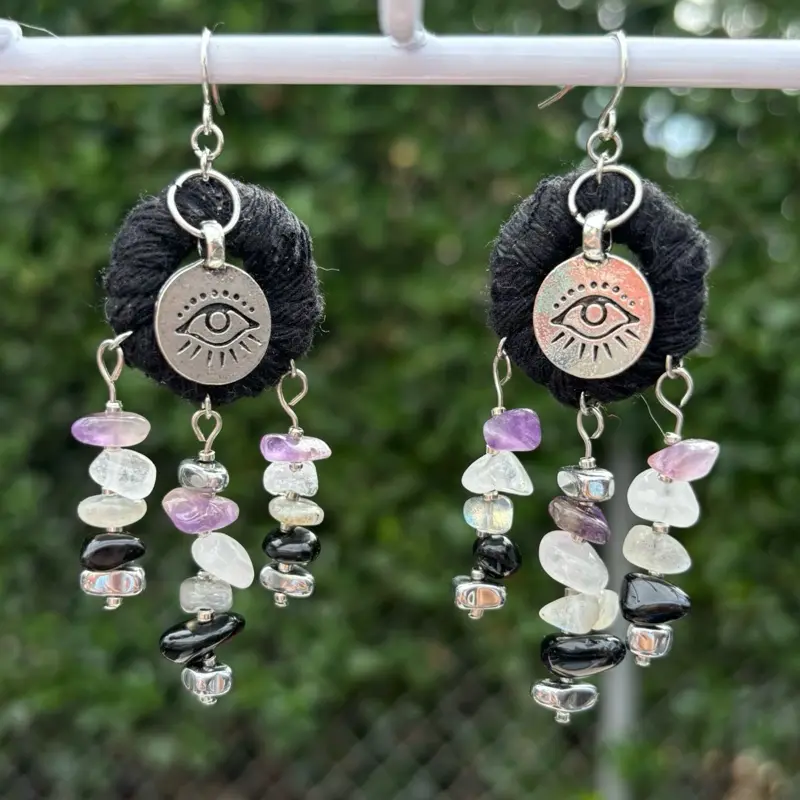 TeamAMO Protection Crystal Healing Earrings for Evil Eye Black Cotton Cord Circle to Protect Silver Fish Hook with Amethyst Clear Quartz Obsidian Labradorite Hematite Jewelry