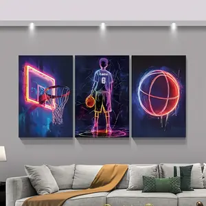 3 Pieces Neon Basketball Canvas Art Prints Wooden Frame Sports Theme Wall Decor Easy to Hang UV Resistant Inks Classic Modern Style Home Office Living Room Bedroom Bathroom Dining Room Gift