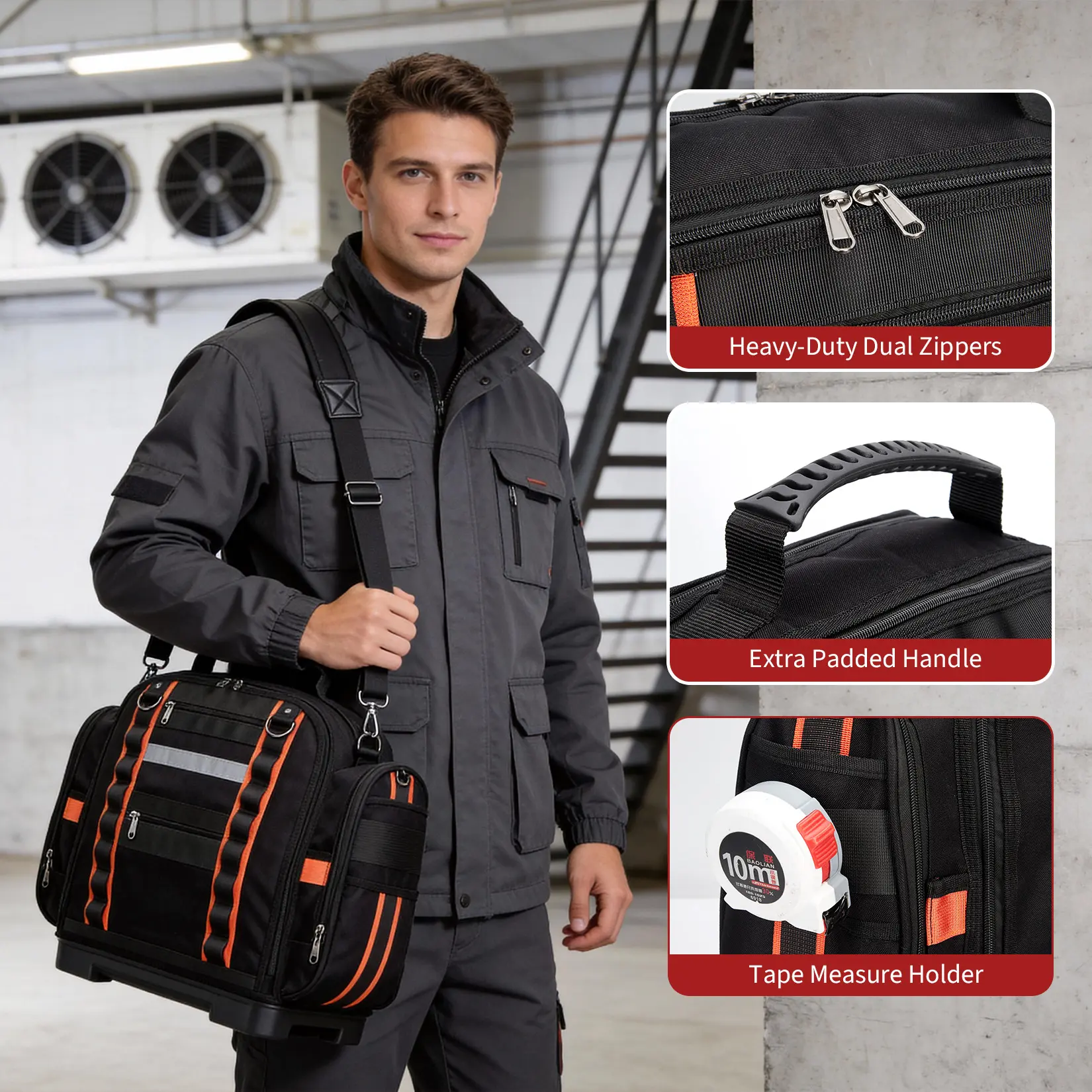 40 cm Heavy Duty Tool Bag, 2-Layer Polyester Tool Tote with Removable Cases, Sturdy Rubber Base, Black Red Accent Tool Organizer for Electricians HVAC Technicians