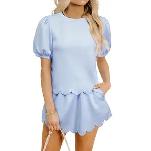 Asvivid Women Puff Sleeve Pearl Embellished Scallop Trim Top 2 Piece Skort Set Casual Summer Shortsleeve 2pcs Set