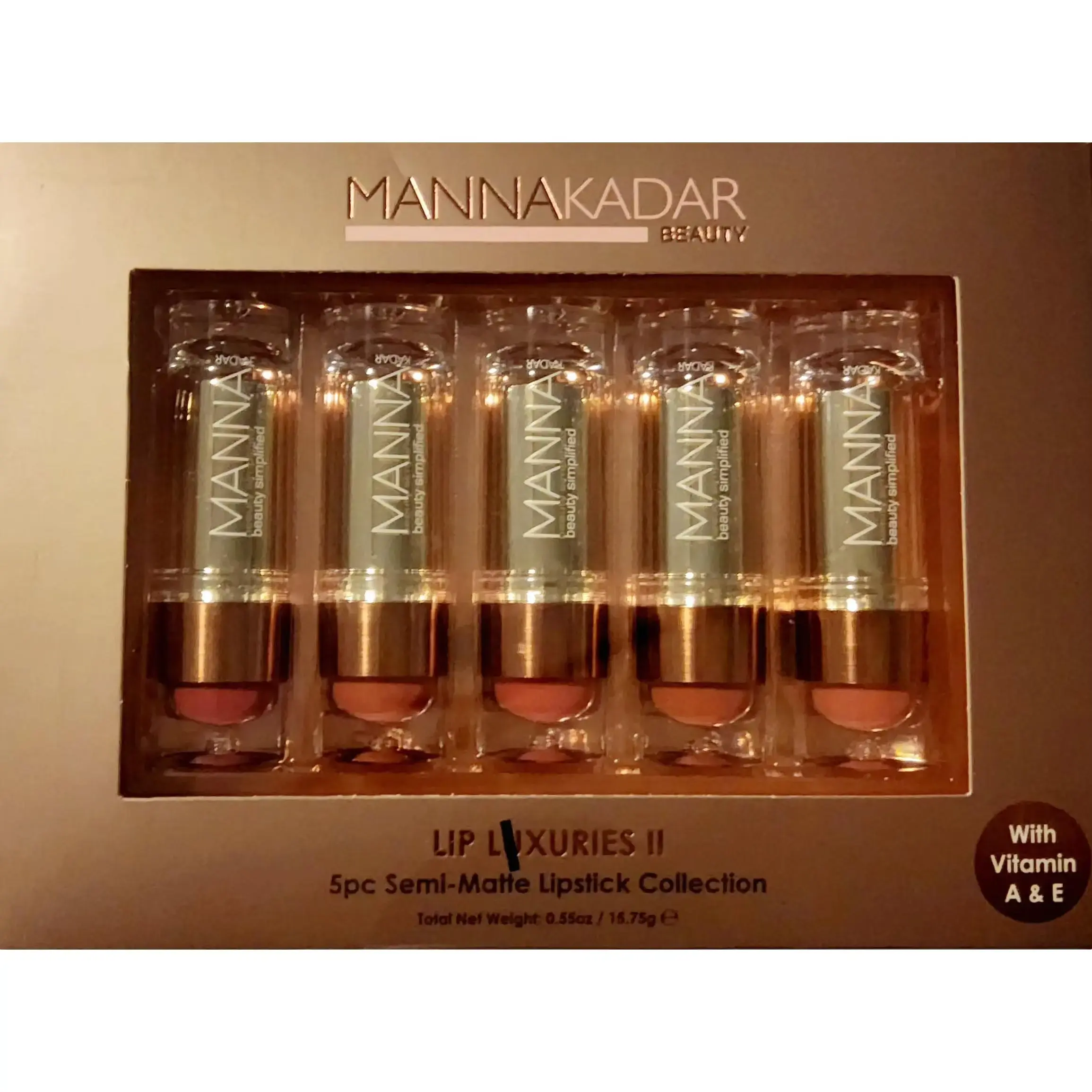 Manna Kadar Full Size Lip Luxuries II Semi-Matte Lipstick Collection, 5 pc