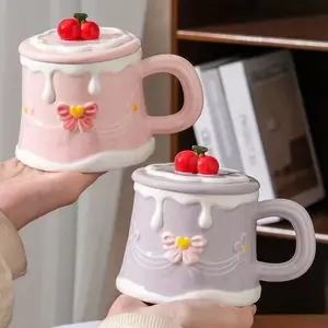 Creative Cake Design, Cute Ceramic Mug with Lid, Drinking Cup for Home Office Use, Gift for Friend, Funny Gift Mug, Drinkware, Ceramic Cups