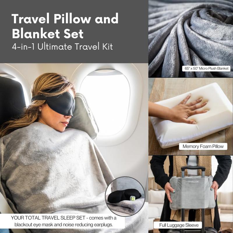 Travellow Travel Pillow and Blanket Set - 4-in-1 Ultimate Travel Kit with Memory Foam Pillow, Travel Blanket, Sleep Mask, and Earplugs-Ultimate Comfort and Coziness for Your Journeys - Blue