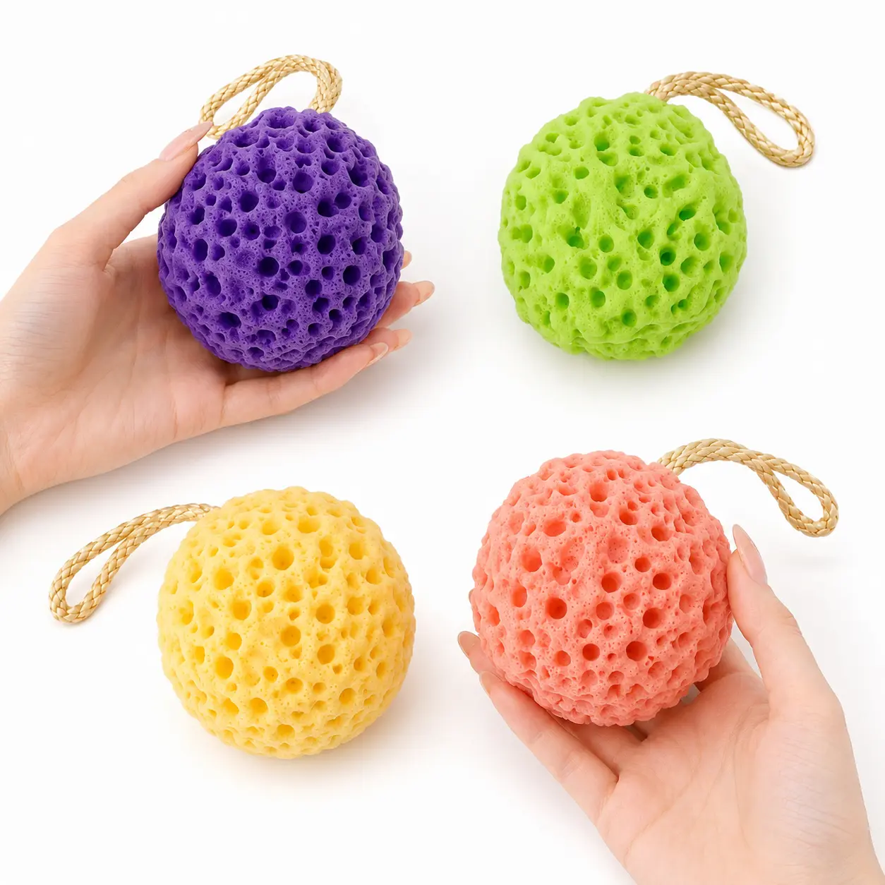 4-Pack Cute Honeycomb Cheese Shower Sponge Loofah, Super Soft Skin-Friendly 2-in-1 Foaming & Exfoliating Body Scrubber, Durable No-Shedding Design with Built-In Hanging Rope, Home Spa Self-Care Bathroom Decor Accessory
