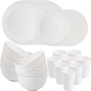 32 count Wheat Straw Dinnerware Sets, White Dishes for 8, Plates and Bowls Sets,  Plastic Plates, Microwave Dishwasher Safe, White Plastic Dinnerware Set