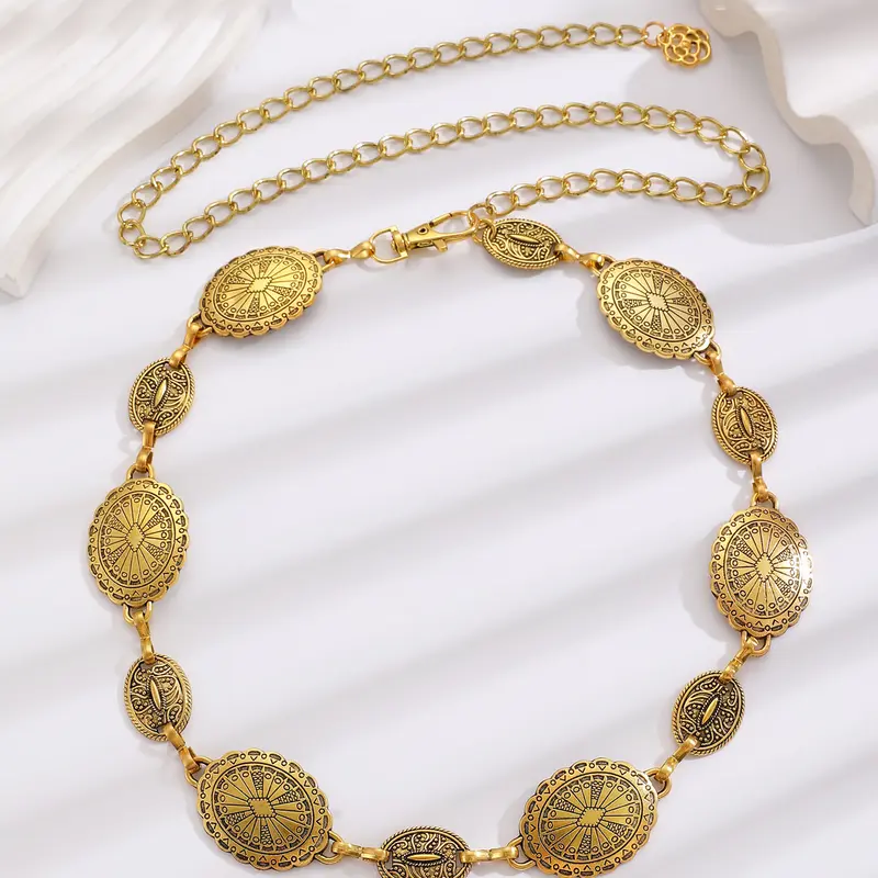 Oval Metal Waist Chain Belt for Women, Boho Retro Waist Belt for Dresses, Jeans and Country Concert Outfit, Vintage Cowgirl Chain Belt, Western Style Concho Belt, Western Cowboy Belt, Western Concho Belts, Fashion Vintage Belts