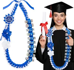 2026 Graduation Money Lei with Cash Holder 48 Inch Extra Long Braided Ribbon Lei DIY Graduation Garland for Cash Gifts Class of 2026 Grad Party Decorations (Blue & White) Lyrow