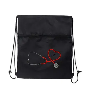 EMT Heart Stethoscope Medical Tribute Pattern Breathable Black Zipper Drawstring Backpack for Cycling Trips