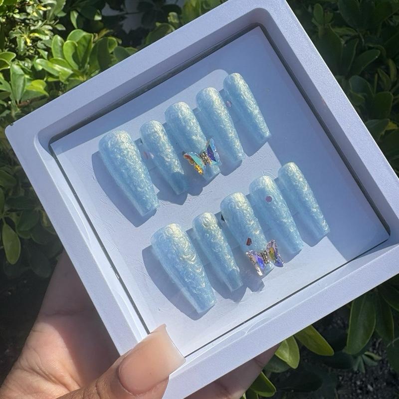 Blues N’ Butterflies Large Gel Press on Set Long Coffin Iridescent Blue Press on Nails Handmade Blue Butterfly Charm Nails