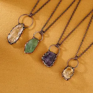 Vintage Natural Amethyst, White Quartz, Citrine & Green Fluorite Raw Stone Pendant Necklace - Women'S Party Gift