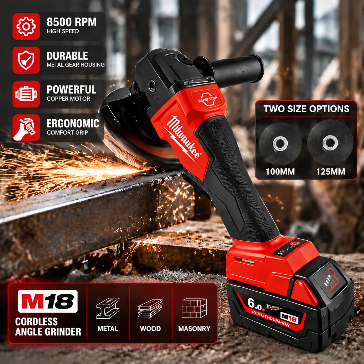 Milwaukee M18 Brushless Angle Grinder 100mm/125mm Bare Tool No Battery for Metal Cutting No-Load Speed,Charger for Metalwork Tasks Cutting and Grinding Tool Cordless Angle Grinder