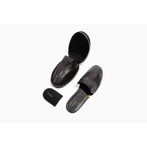 Mens Black Crocodile Embossed Leather Foldable Slipper
