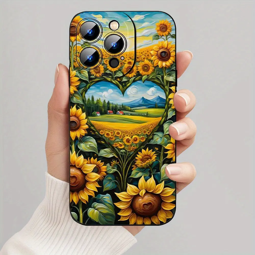 Sunflower black mobile phone case, cute simple thickened anti-drop decorative mobile phone case, mobile phone accessories are suitable for Phone11/ 12/ 13/ 14/ 15 /16/17Pro Max Pro Plus series mobile phone case gift