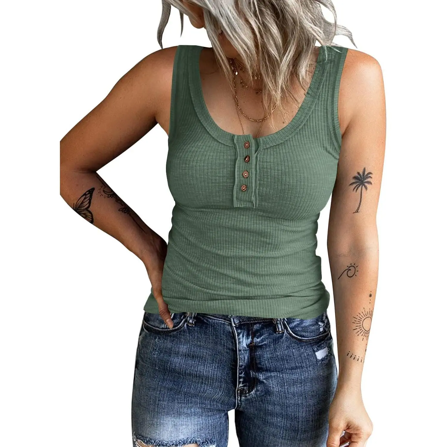 Women's Sleeveless Henley Tank Tops Ribbed V Neck Button Down T Shirts Summer Slim Fit Tee Tops
