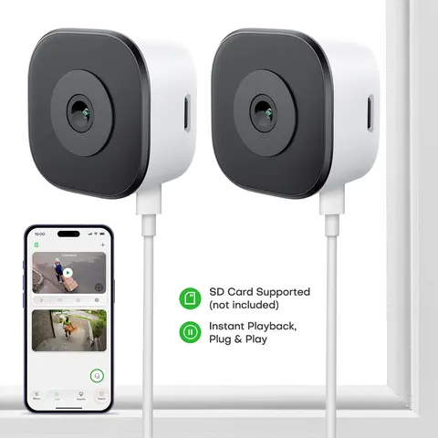 HomiQ 2-Pack Magnetic Window Indoor Security Cameras, 3000x5000 Resolution, 2.4/5GHz Dual-Band Wi-Fi, Color Night Vision, AI Smart Search, 2-Way Audio, 24/7 Recording, Motion Sensor, Easy Installation, SD Card Supported Smart Home Gadget