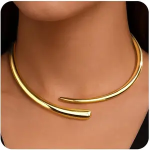 Chunky Open Cuff Choker Necklace for Women - Teardrop Torque Bangle Collar in Gold Modern Statement Jewelry Gift