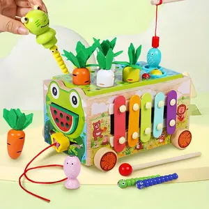 Cute Children's Wooden Frog Farm Trailer, Montessori Multifunction Intelligence Car Preschool Toy, Hand-eye Coordination&Music Development, Educational Toy for Girls Boys, Birthday Gifts Play
