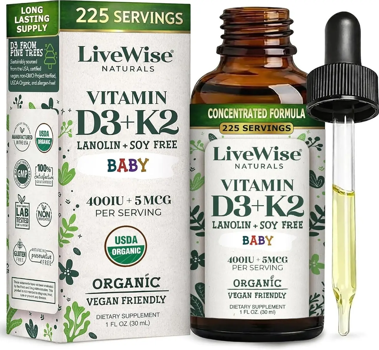 Live Wise Naturals Organic Vitamin D3 K2 Liquid Drops for Babies, (MK-7) | Concentrated Formulation, 225 Servings, Micro-Dose Dropper, Gentle Daily Supplementation, Early Development, Precise Dosing
