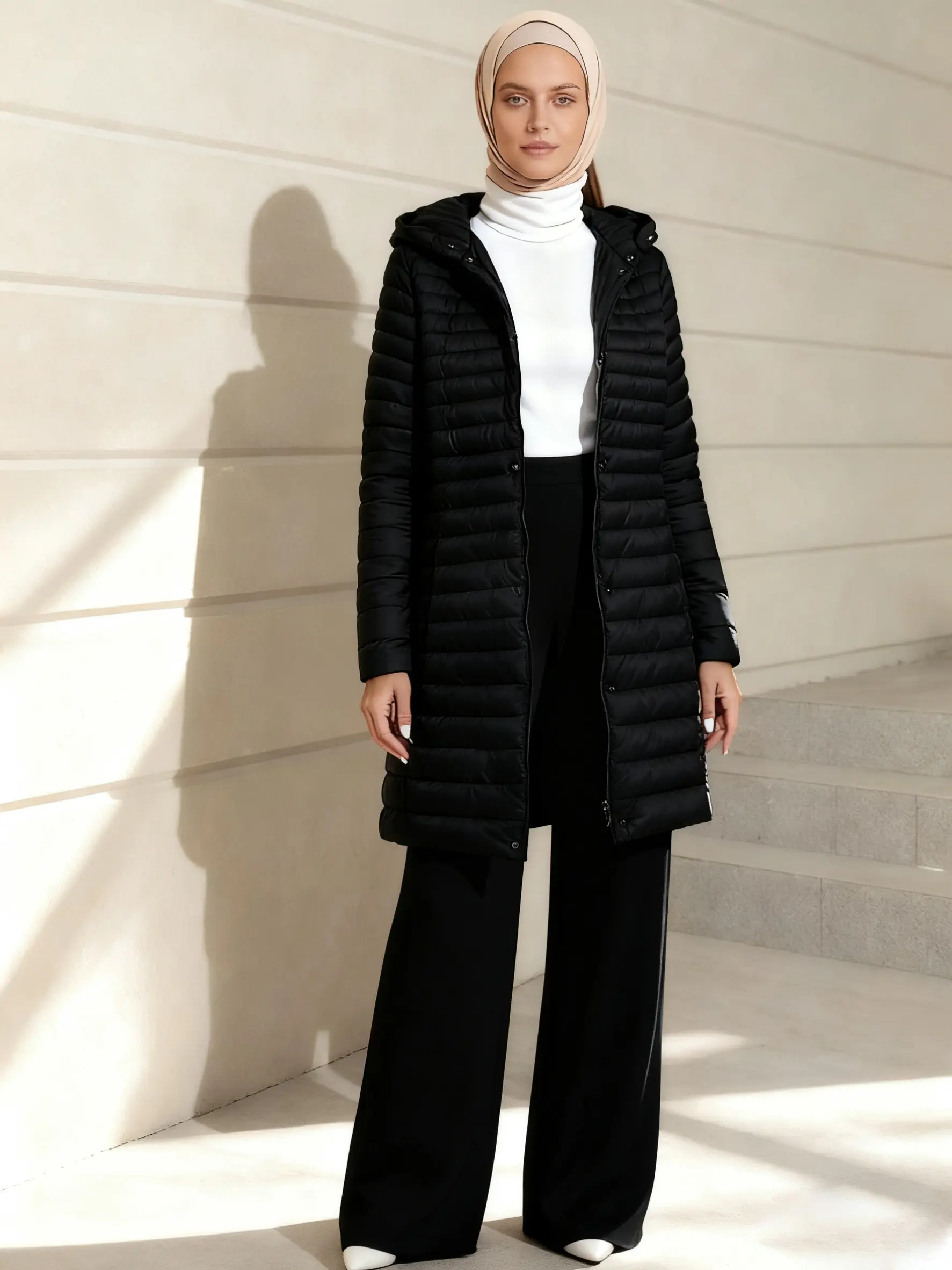 Women's Plus Size Puffer Jacket, Elegant Hooded Coat with Pocket, Warm Mid-Length Outerwear for Fall & Winter, Casual Fitted Style