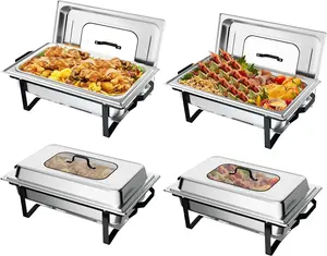 ROVSUN Chafing Dishes for Buffet 4 Pack, 9QT Chafing Dish Buffet Set with Glass Lid, Stainless Steel Buffet Servers and Warmers, Stackable Design for Party Wedding Catering Event, Black & Silver