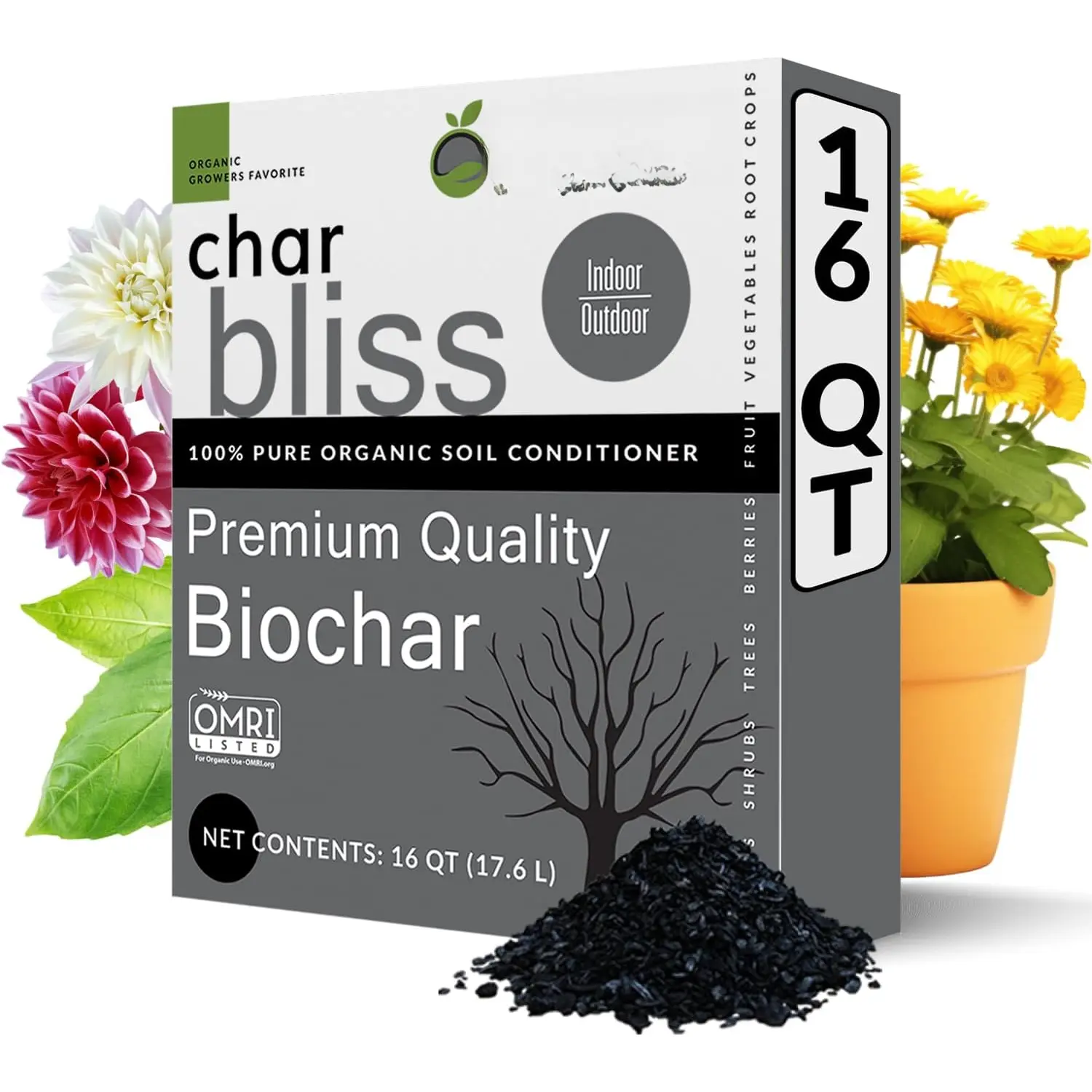Char  (16 Qts) -  Biochar for  - OMRI-Listed Biochar Soil Amendment  - Bio Char for  - Horticultural Charcoal for , Potting Soil, Garden Soil, & Potting Mixes