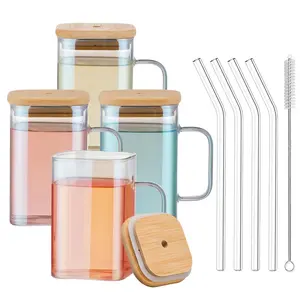 Clear Glass Cups with Lids and Straws - 20oz Square Beer Can Glass Set, Iced Coffee Tumbler, Mason Drinking Glasses with Handle Ideal for Soda, Water, Hot Chocolate, Latte, Matcha