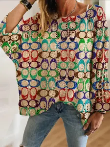 Women's Geometric Pattern Colorblock Knit Top, Casual Elegant Vacation Style, Comfortable Breathable Loose Fit, Spring Summer Fall Fashion