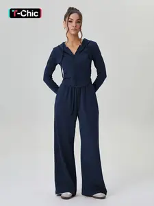 Women's Sporty Hooded Zipper Elastic Long Sleeve Top & Wide Leg Pants Set, Casual Fashion for Daily Wear, Tracksuit Set