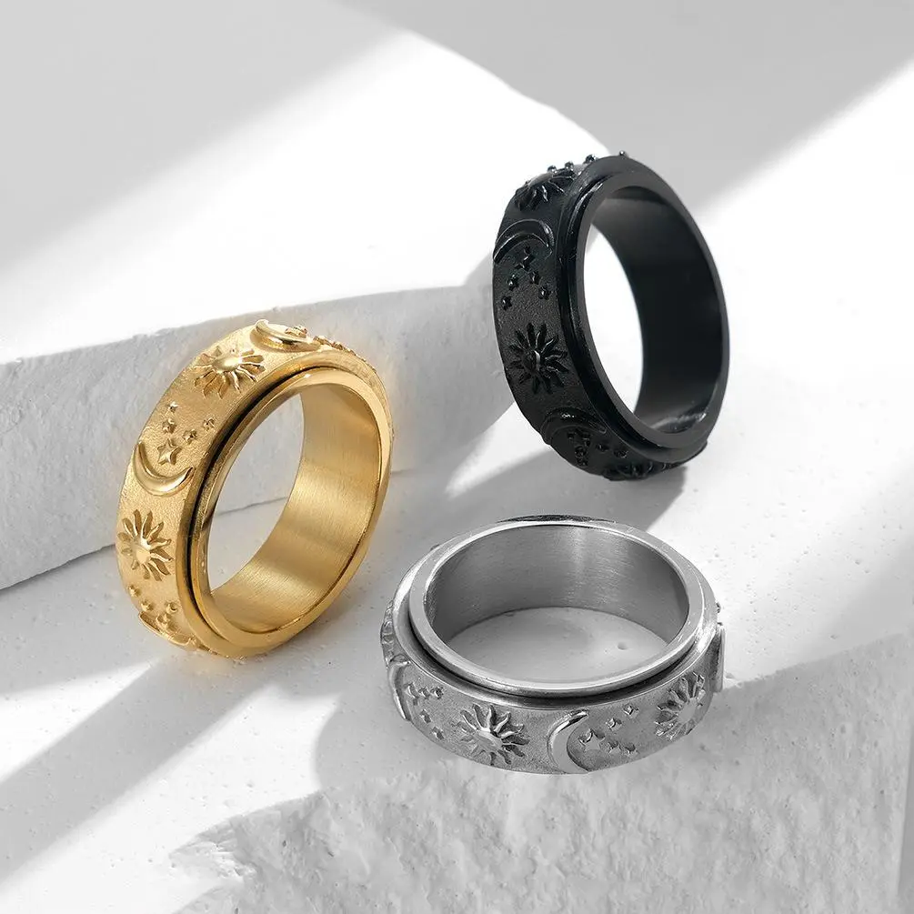 1pc Titanium Steel Men's Rotating Anxiety-Relieving Ring, Alternative Artistic Cosmic Star Retro Star-Shaped Steel Fashion Ring with Sun & Moon Design, Alternative Artistic Rings, Cosmic Star Rings