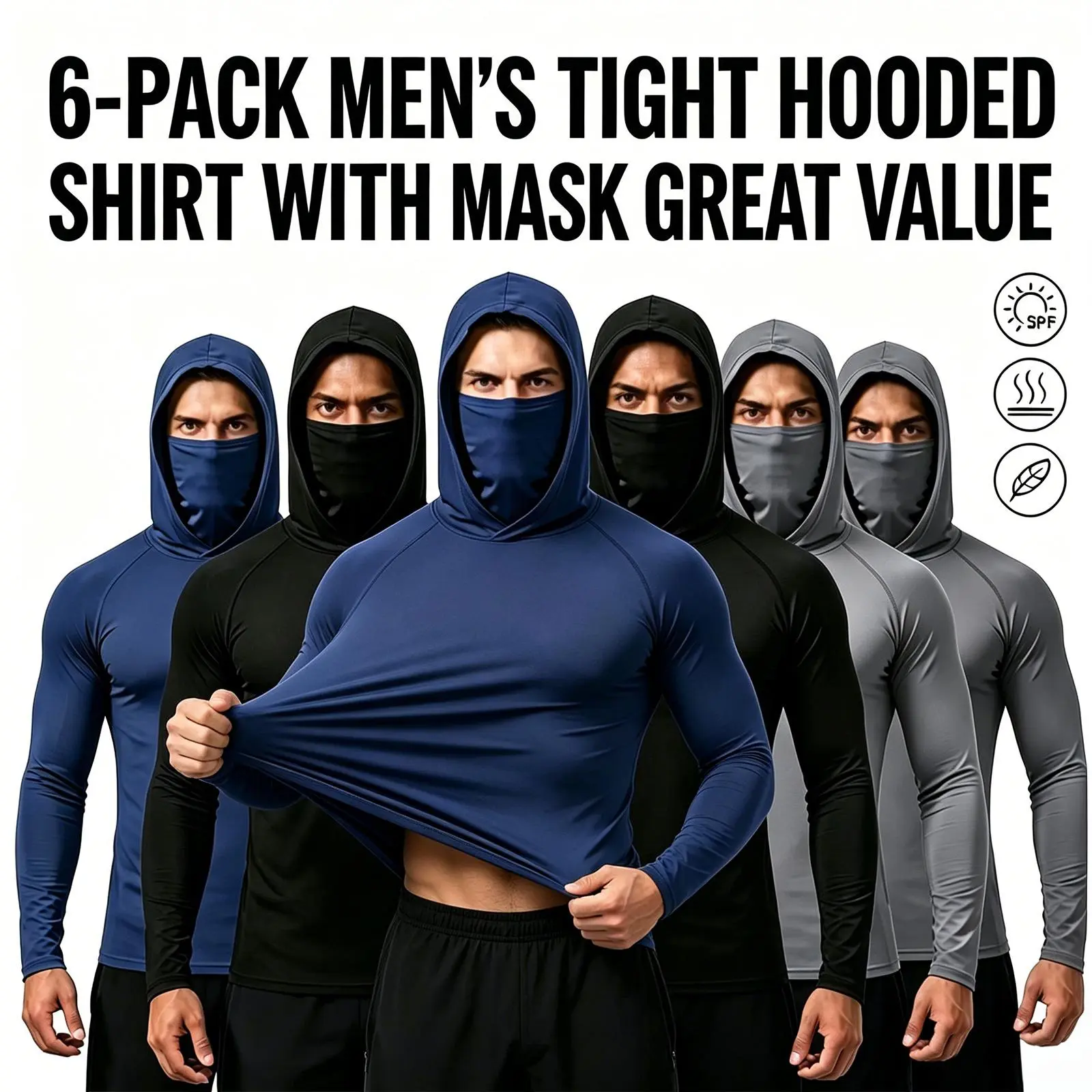 6/3 Pack Mens Sun Protection Fishing Hoodie with Face Mask UPF 50+ Long Sleeve Compression Work Shirt Construction Quick Dry Black Gray Blue Menswear Sweatshirts Tops Pullover Polyester Activewear Breathable Jackets Layer Outdoor