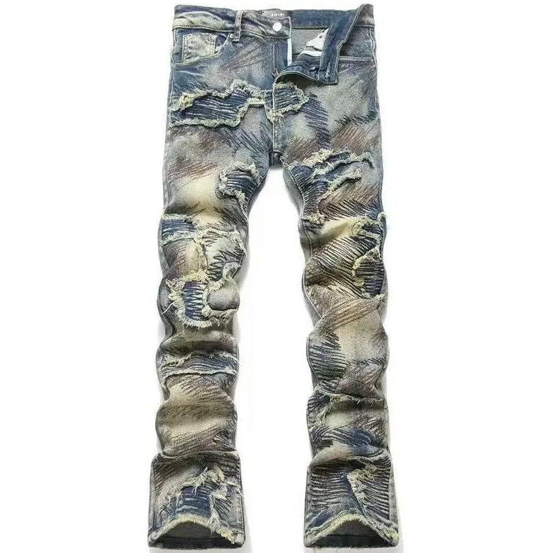 Men’s high-stretch yellow mud-dyed vintage distressed jeans with a slight flare; multi-layer raw hem patchwork ripped denim long pants; retro street style slim flared five-pocket hip-hop casual jeans; men’s bottoms; all-season denim long pants.
