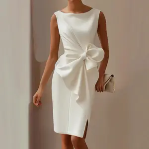 Solid Bow Sleeveless Midi Dress Elegant Luxury