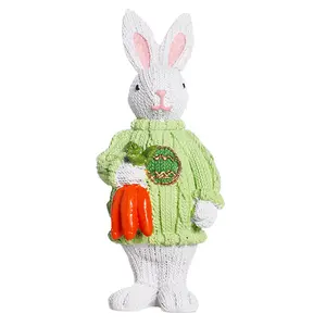 Easter Bunny Figurine with Carrot, Resin Rabbit in Sweater Statue, Cute Spring Home Decor Gift