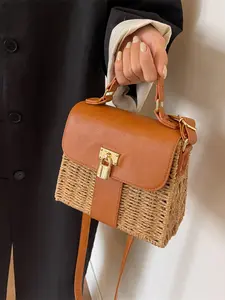 Vintage Lock Buckle Woven Small Square Bag, Colorblock Vertical Striped Handbag Crossbody Shoulder Bag, Multi-Use Commute Vacation Women's Bag, Everyday Bag