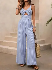 Striped Cutout Knot Front Wide Leg Jumpsuit