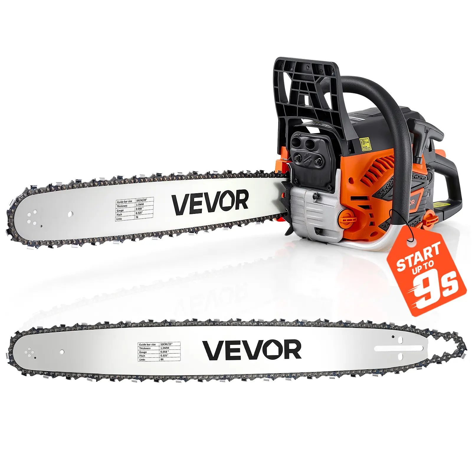 VEVOR Gas Powered Chainsaw 20 & 22 Inch 62CC 3.8HP 2 Stroke Engine Saw, for Wood Cutting, Tree Trimming & Land Clearing, Throttle-Synced Choke, Power Chain Saw with Non-Slip Handle & Dual Tanks