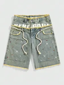 Unisex Streetwear-Style Casual Loose-Fit Printed Denim Shorts (with Rhinestone Belt) — Spring/Summer Collection