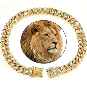 Dog Chain Diamond Collar, Shiny Metal Cuban Link Necklace with Safety Buckle, Pet Collar for Small Medium Dogs and Cats