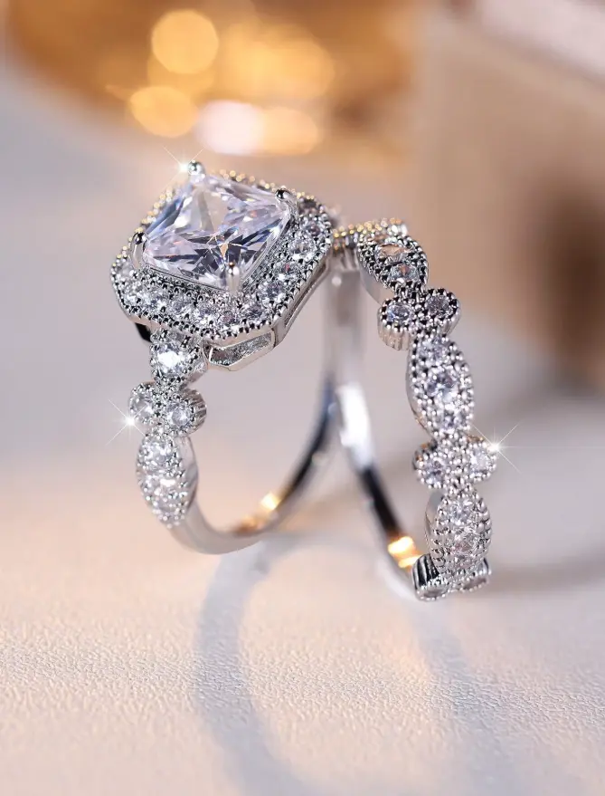 2PCS Square Ring Set – Elegant White Wedding, Banquet & Party Rings for Women