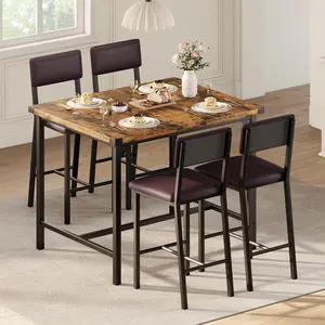 5-Piece Counter Height Dining Table Set for 4, Includes Table with Footrest & Corner Protectors, 4 Upholstered Bar Stools with Backrest, Space-Saving Modern Dining Room & Kitchen Furniture