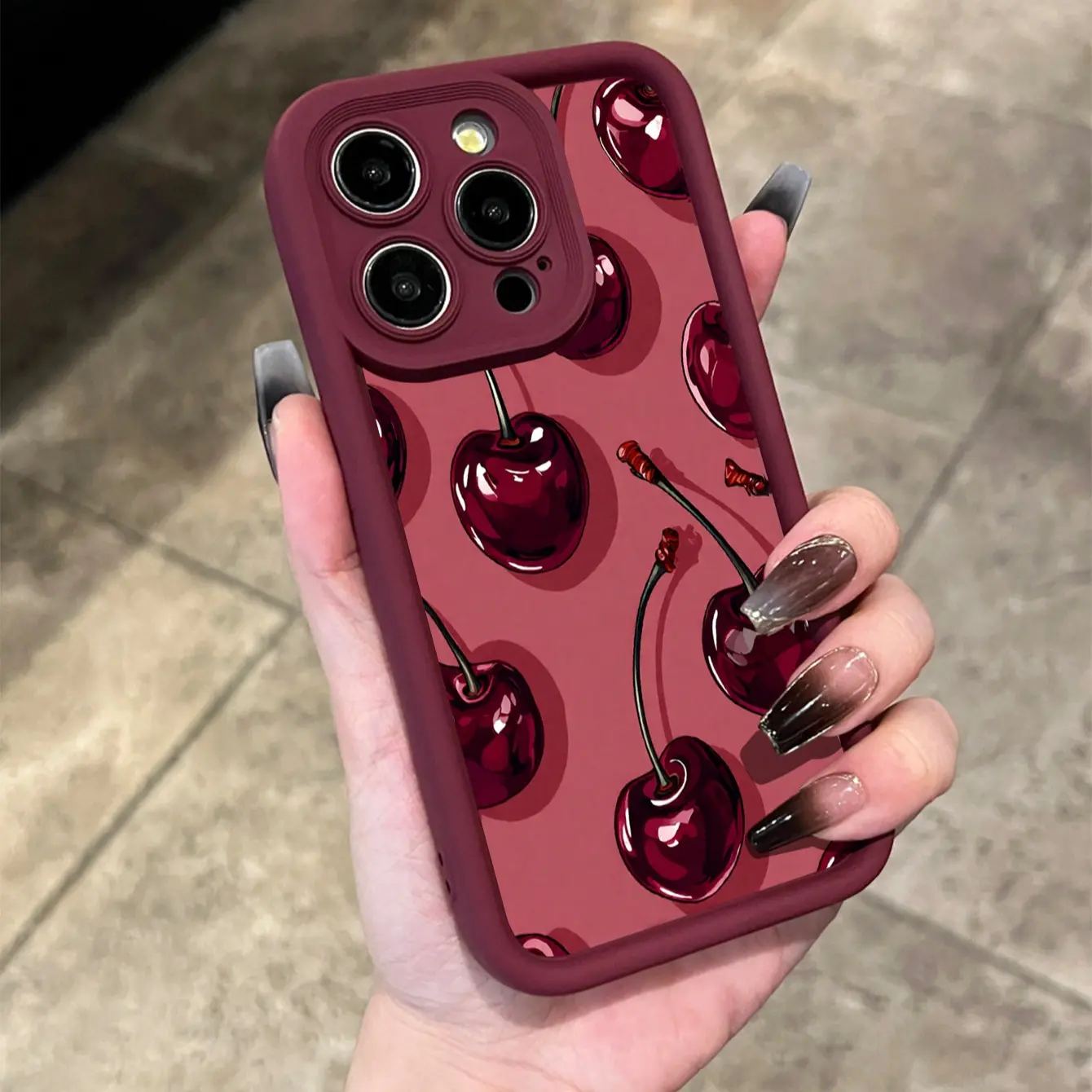 Cherry Pattern Wine Color Tpu Protective Case for Apple iPhone Smartphone Models, Soft Full Coverage Anti-Scratch Non-Slip Design