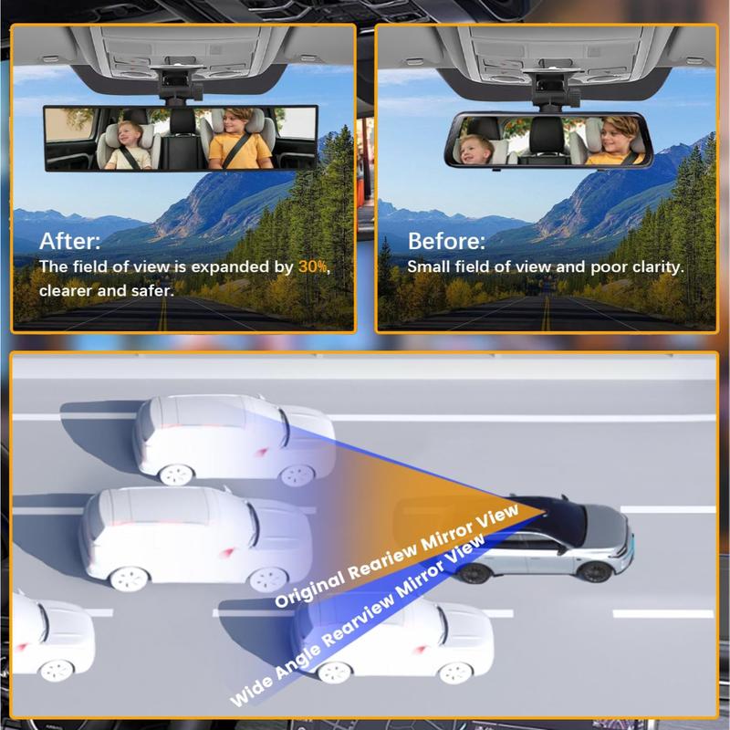 Rear View Mirror, Chrome Anti-glare PanoramicRear Mirrors Universal 12 Inch Convex CarInterior Clip on Extra Big Wide Angle RearviewMirror Extender to Reduce Blind Spot for CarSUy Trucks																	